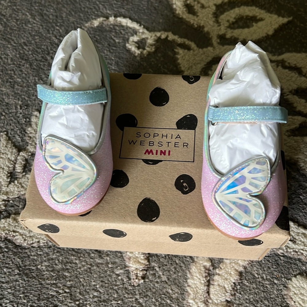 NIB Sophia Webster Mini Butterfly Flat Infant Iridescent Rainbow Glitter EU 22